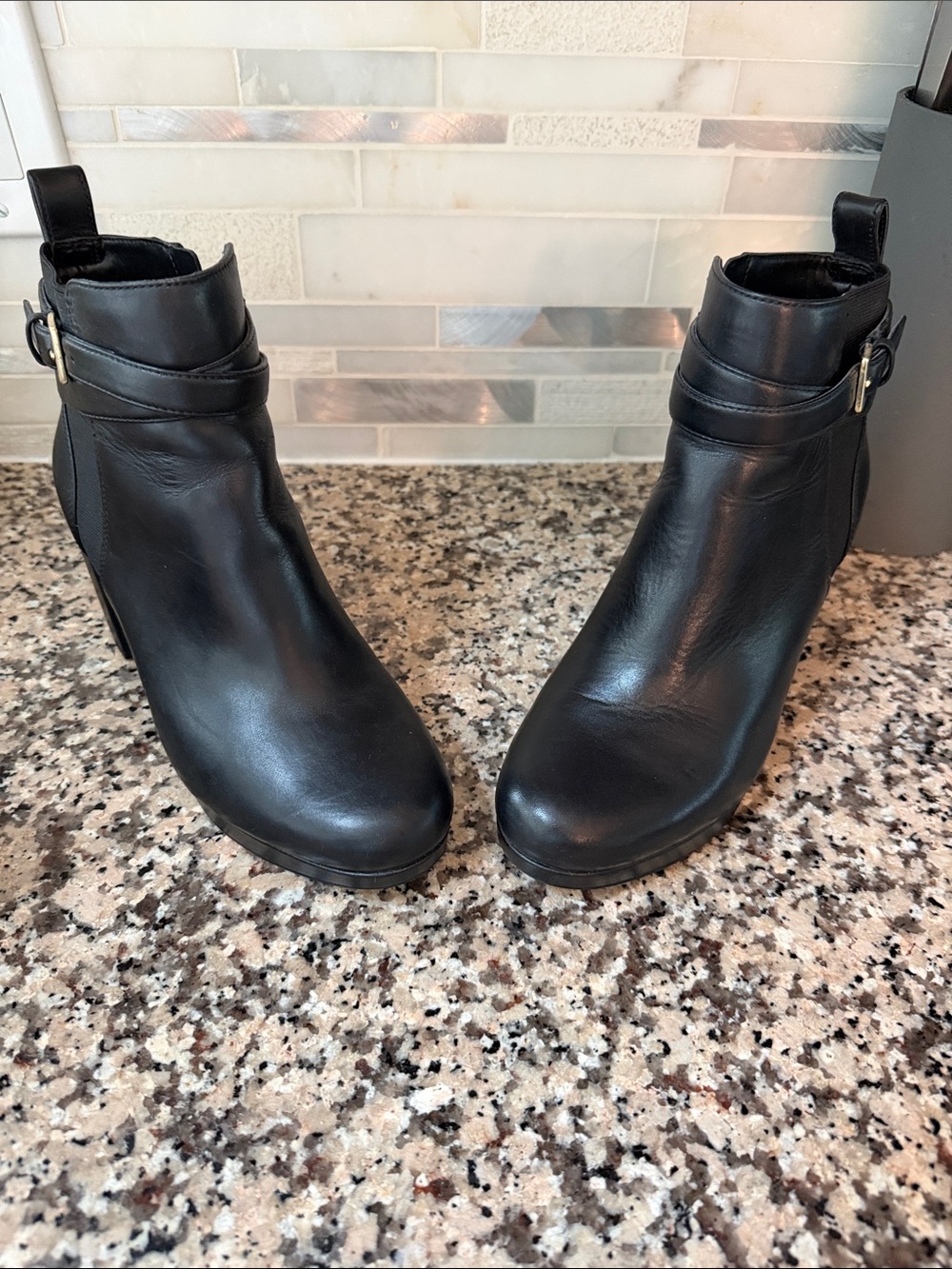 Vionic Black Leather Ankle Booties with Side Buckle